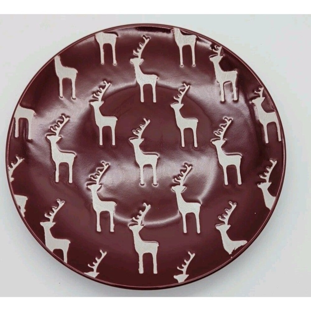 Crate & Barrel Reindeer Cookie Plate Red White Embossed Lunch Salad